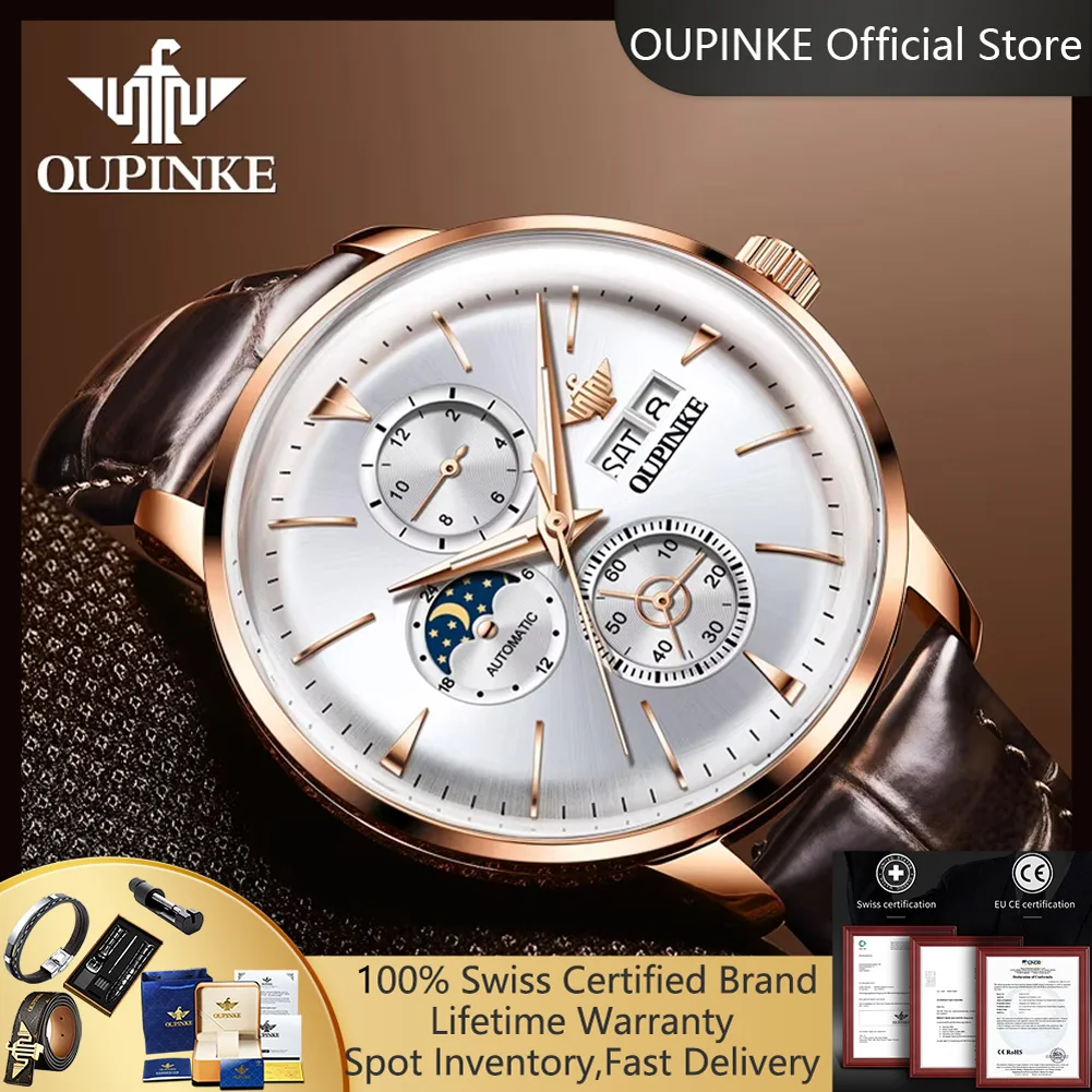 

OUPINKE 3309, автоматические мужские часы, ремешок из натуральной кожи, хронограф с фазой Луны, дата, неделя, роскошные оригинальные механические мужские часы