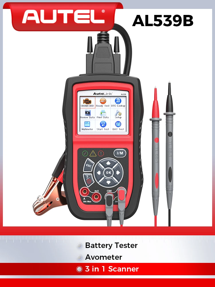 Autel AL539B OBD2-Scanner, 3-in-1-Codeleser, Batterietester, Avometer für 12-Volt-Batterien, komplettes OBDII-Diagnose-Ladesystem