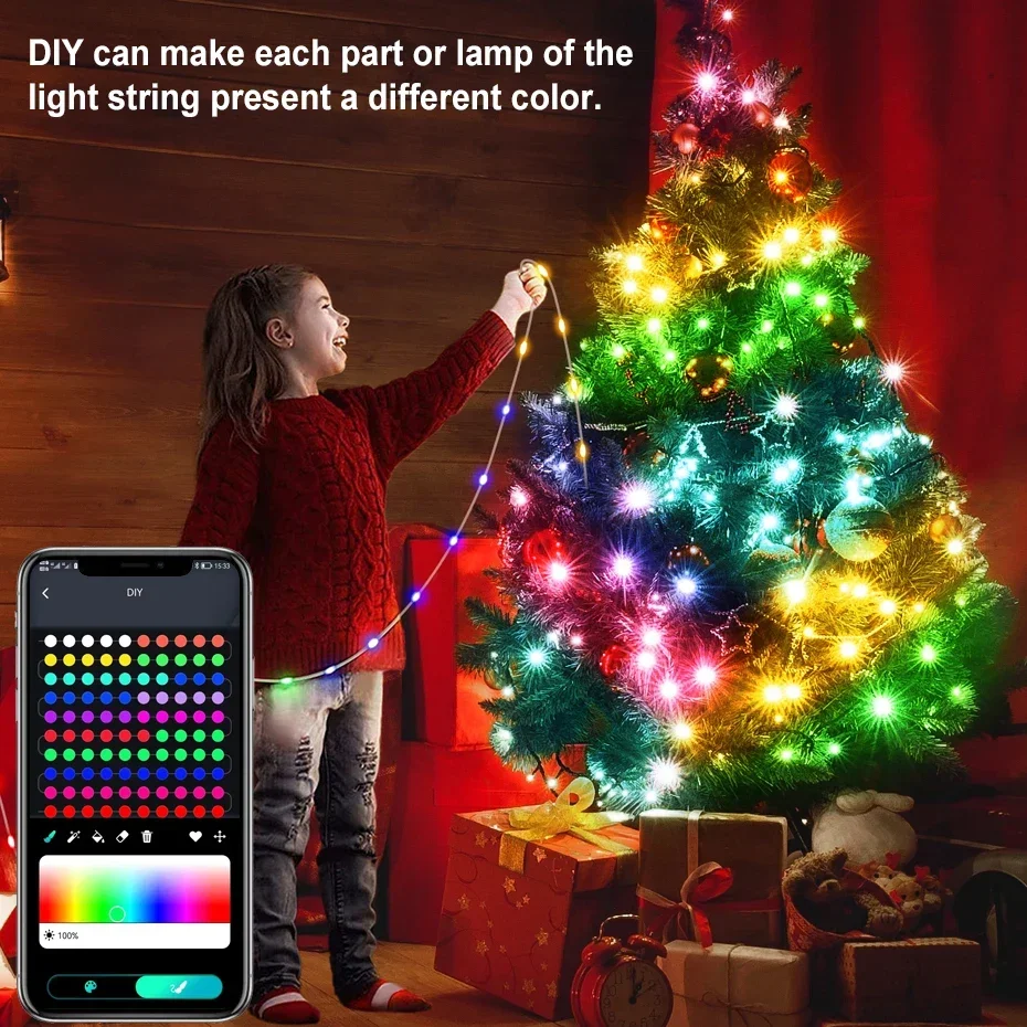 Noel Dreamcolor LED dize işıklar Bluetooth müzik WS2812B USB RGBIC gökkuşağı peri dize işıklar odası DIY dekorasyon için