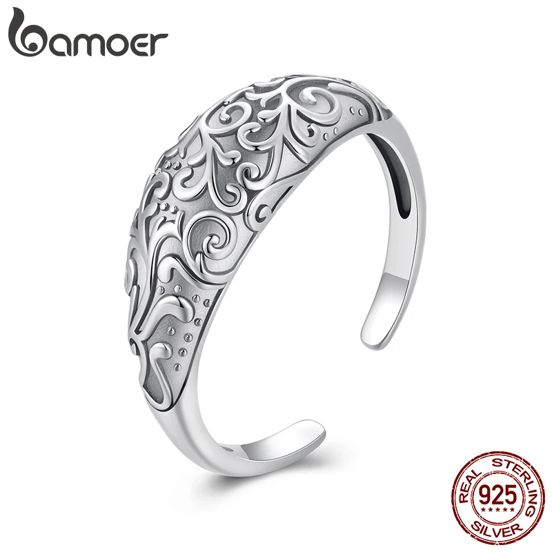 BAMOER Solid 925 Sterling Silver Retro Pattern Ring for Women, Hypoallergenic Lightweight Personalized Wide Bands Ring SCR1095-E