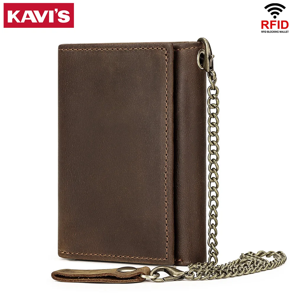 KAVIS Crazy Horse Leather Wallet For Men With Anti-Theft Chain Leather Trifold Male Clutch Money Bag Luxury Small Coin Key Purse