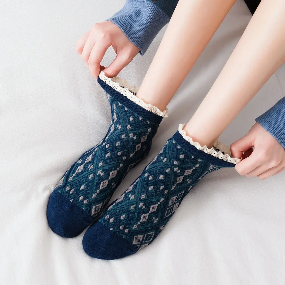 Plaid Harajuku Retro Lacework Frilly Ruffle Sock Girl Cotton Breathable Short Socks Korean Invisible No Show Sock 2023New Summer