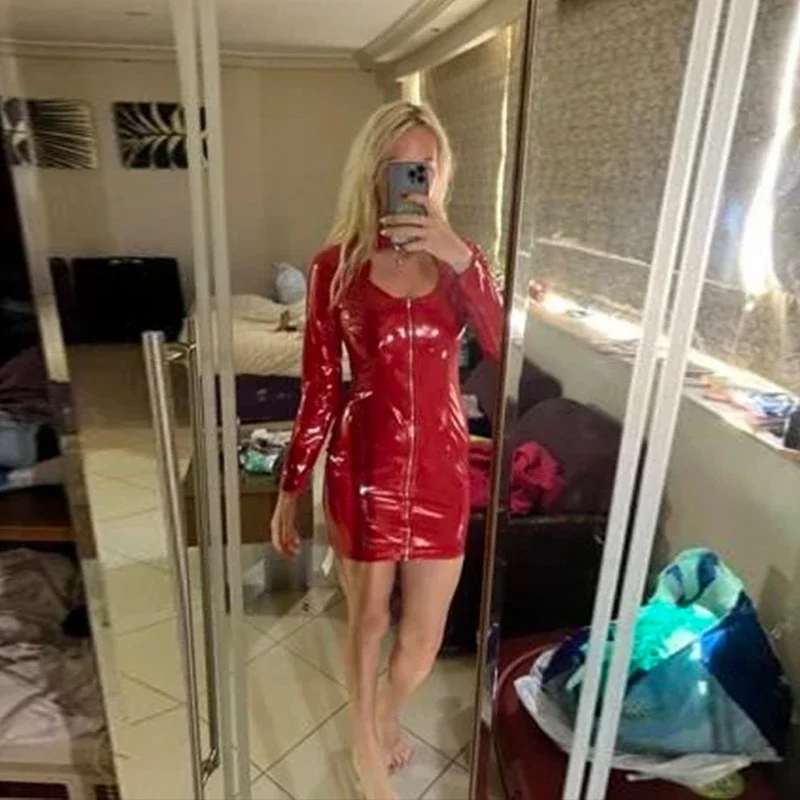 

Women's Long Sleeve Mini Bodycon Dress Sexy Patent Leather Full Zip Low Cut PVC Slim Fit Fashion Party Nightclub Wear
