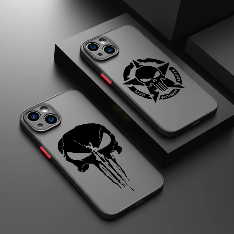 Luxury Marvel Punisher Logo Phone Case For Apple iPhone 14 13 12 11 XS Mini Pro Max 8 7 XR X Matte Frosted Translucent