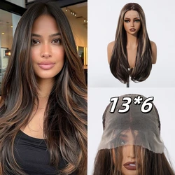 13*6 Lace Frontal Wig Synthetic Hair Blonde Mixed Brown Daily Party Wig Long Body Wavy Lace Front Wigs for Wome Party Daily Use