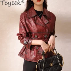 Sheepskin Tcyeek Genuine Leather Jacket Spring Autumn Motorcycle Coats Slim Short Jackets Wine Red Oil-wax Trenchcoat Chaquetas