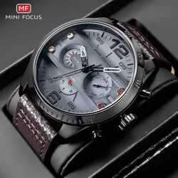 MINI FOCUS Men's Army Sports Quartz Watches Leather Strap Calendar Week Date Waterproof Wristwatch Man Clock Relogios 0068 Brown