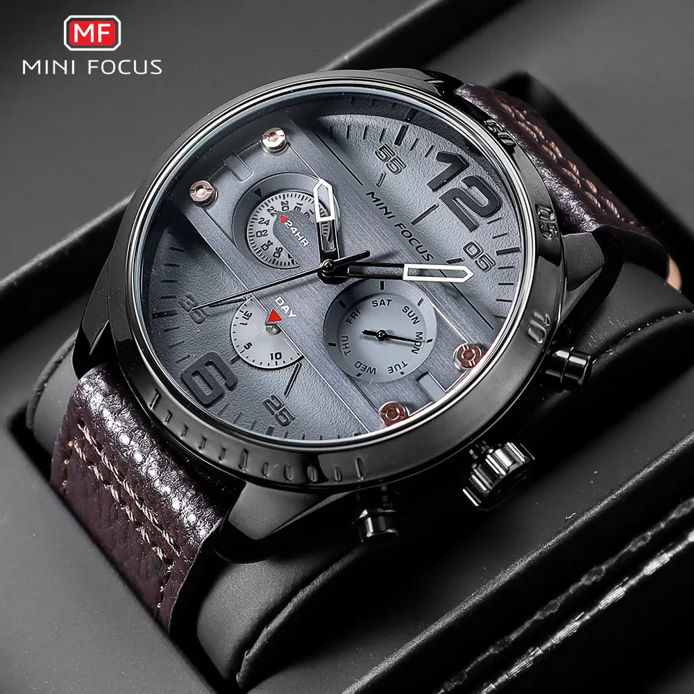 MINI FOCUS Men's Army Sports Quartz Watches Leather Strap Calendar Week Date Waterproof Wristwatch Man Clock Relogios 0068 Brown