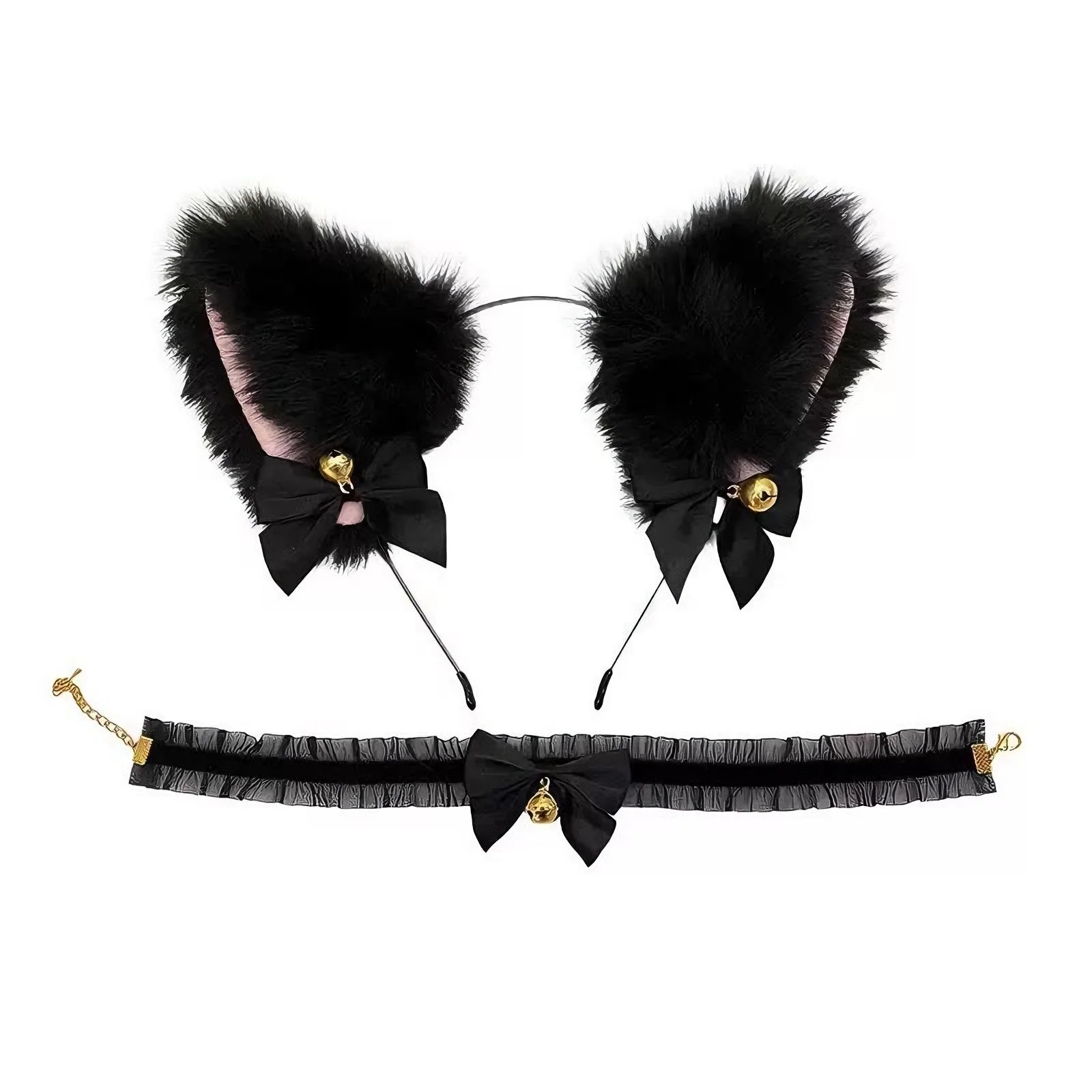 Image of 2-teiliges Katzenohren-Stirnband-Choker-Set mit Glöckchen, niedliches pelziges Katzenohren-Haar-Accessoire für Cosplay, Halloween und Party-Outfits