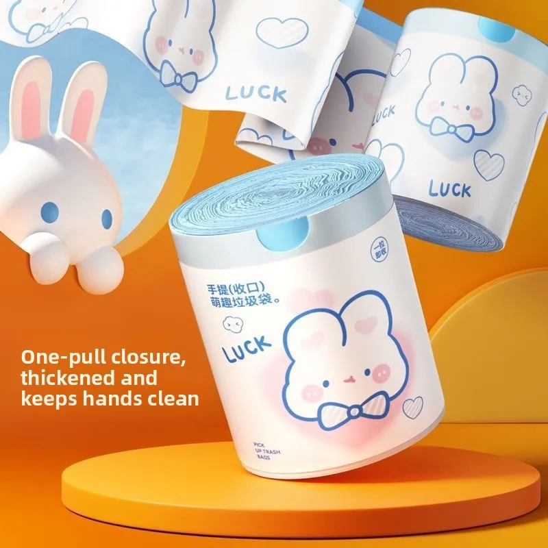 Cute Cartoon Blue Heart Rabbit Drawstring Garbage Bags High‑Thick Printed Household Kitchen Hand‑Tied Trash Bags 100PCS