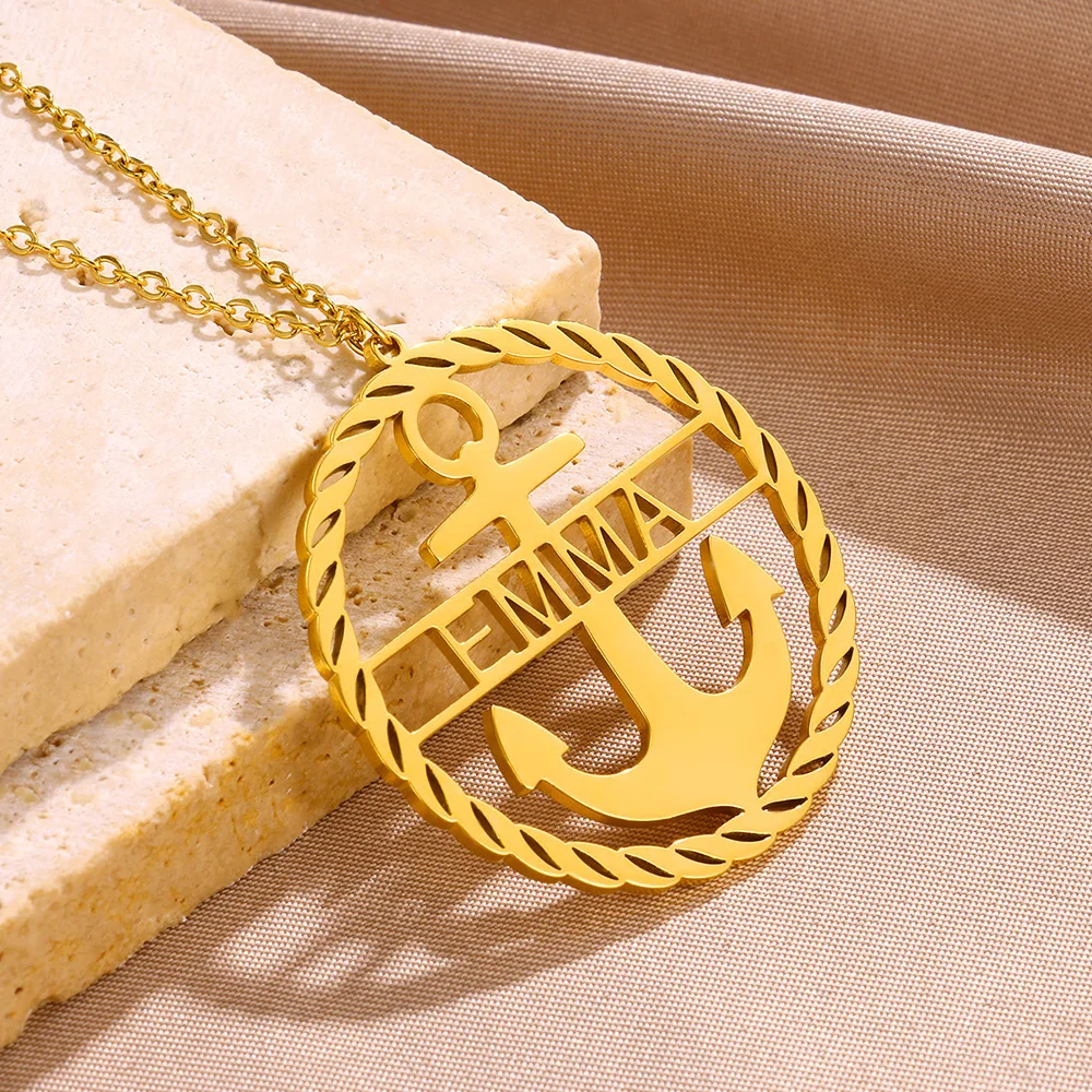 Custom Anchor Name Necklace Women Men Maritime Tourism Jewelry Stainless Steel Gold Color Personalized Circle Nameplate Necklace