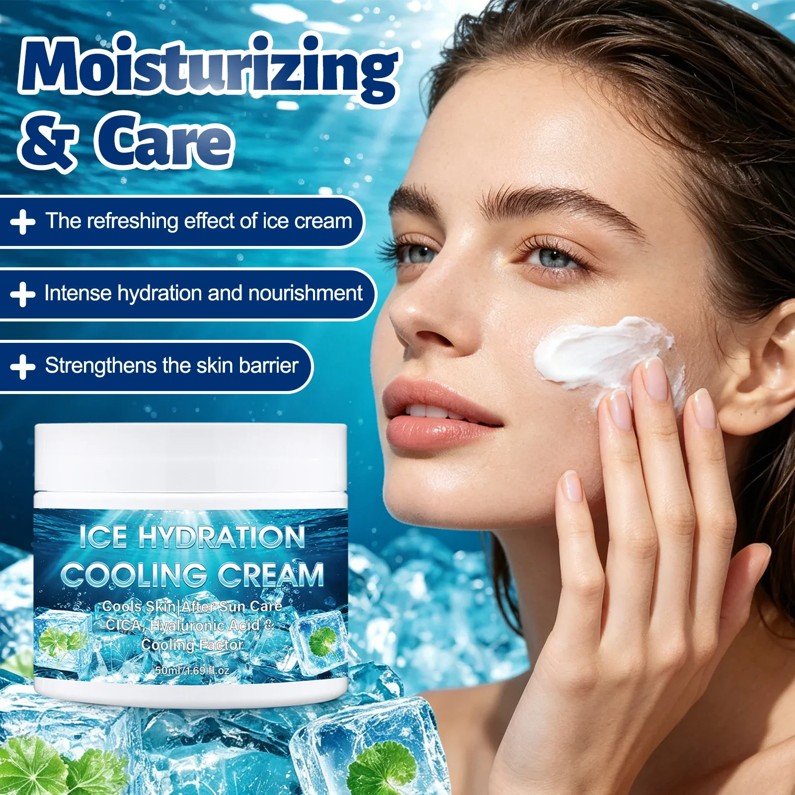 CICA Ice Hydration Cooling Cream after Sun Repair Facial Moisturizer with Hyaluronic Acid And Peptide for Instant Soothing of Re