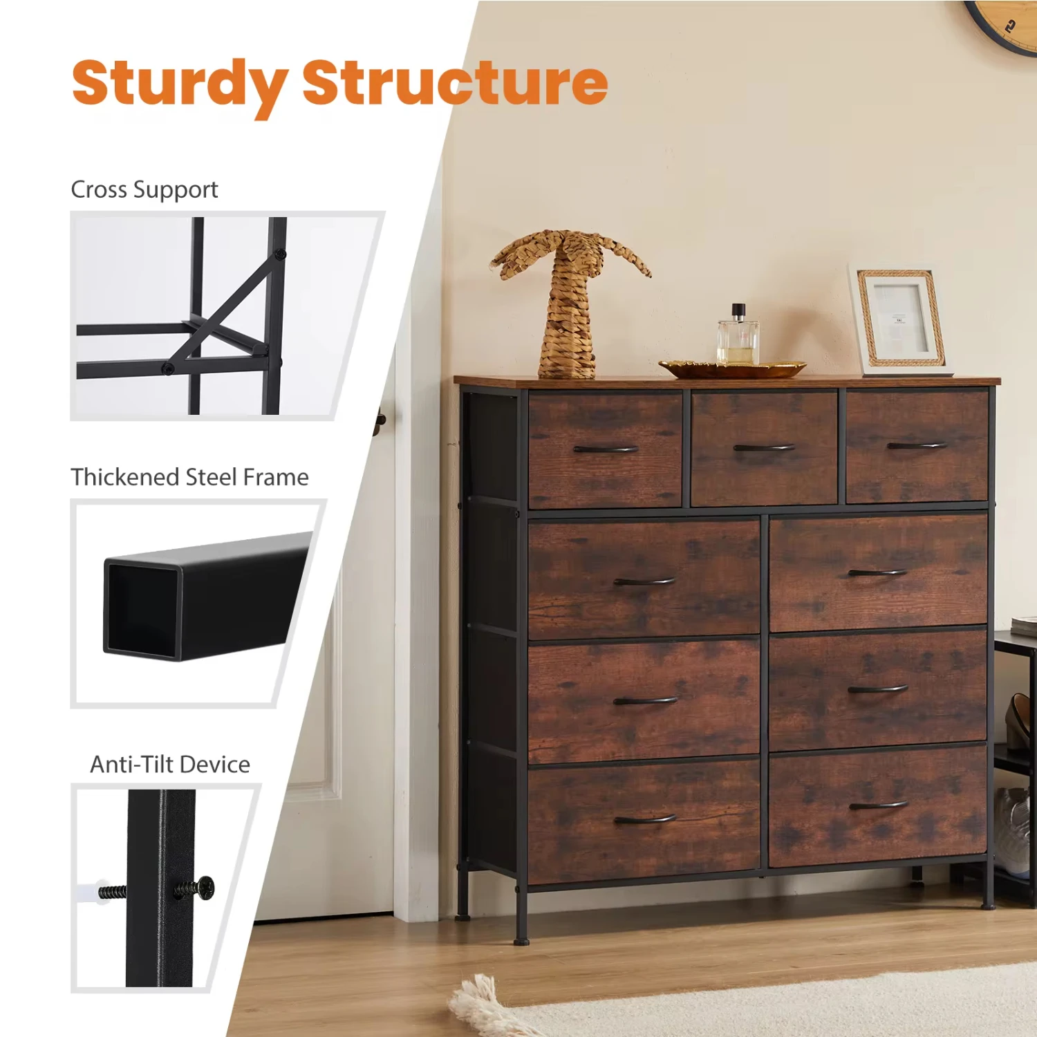Dresser Bedroom With 9 Fabric Drawers Wardrobe Steel Frame Assembly Closet Clothes Display Cabinet Of