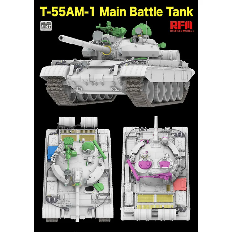 رايفيلد نموذج RFM RM-5147 1/35 T-55AM-1 دبابة المعركة الرئيسية-التعليق النشط والمسار، مجموعة نماذج المقياس