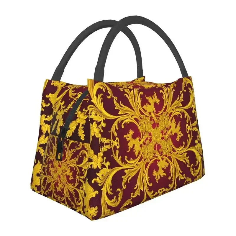 

Rococo Kaleidoscopic Burgundy And Gold Thermal Insulated Lunch Bag Women Baroque Resuable Lunch Tote Multifunction Meal Food Box