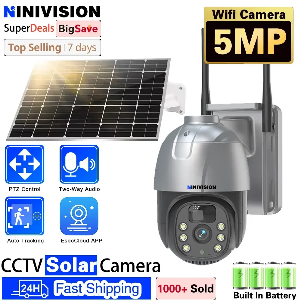 

5MP WIFI Solar Camera PIR Detection PTZ Wireless Outdoor Surveillance Cameras Solar Powered Panel Battery IP Video PTZ Camera