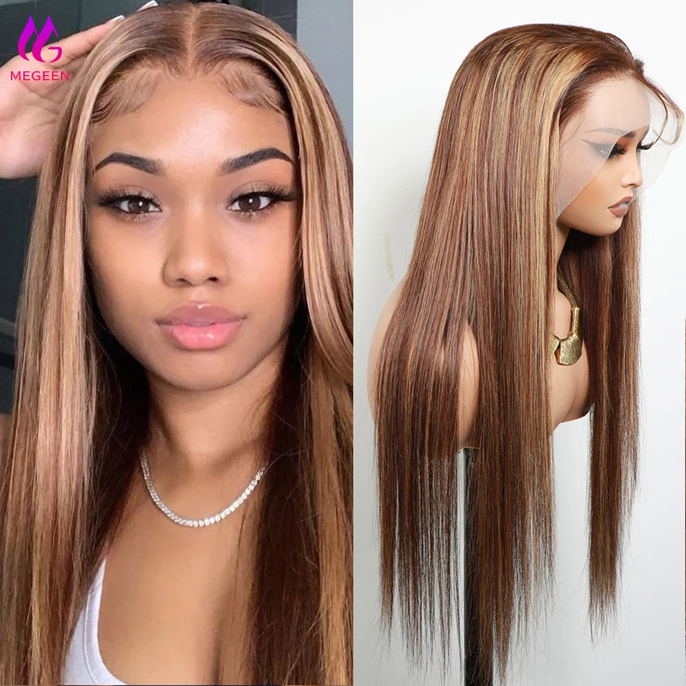

Megeen Straight Highlight P4/27 Colored 100% Human Hair 13X4 Lace Frontal Wig Human Hair Pre Plucked Honey Blonde Lace Front Wig