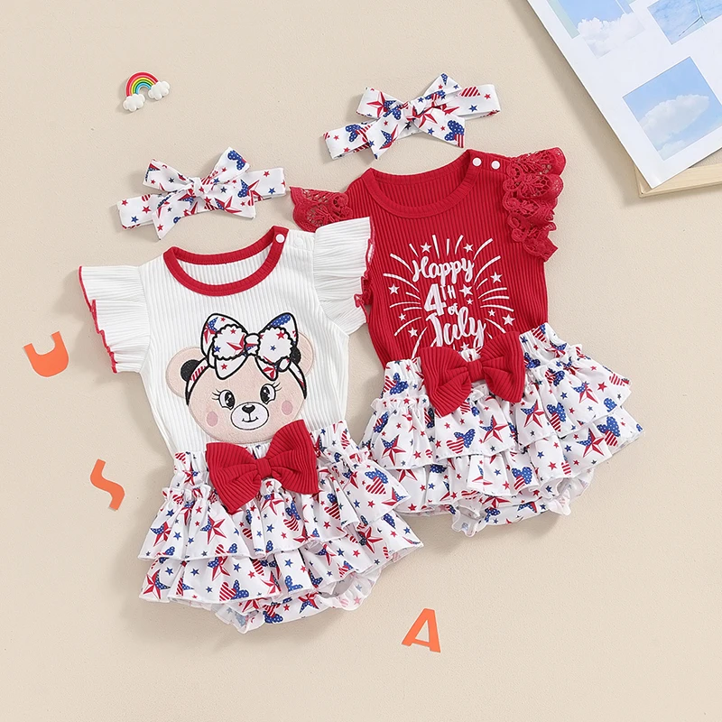 Conjunto del 4 de julio para niña pequeña, bordado de oso, Tops de manga con mosca, estampado de estrellas, dobladillo en capas, pantalones cortos, diadema, trajes de verano