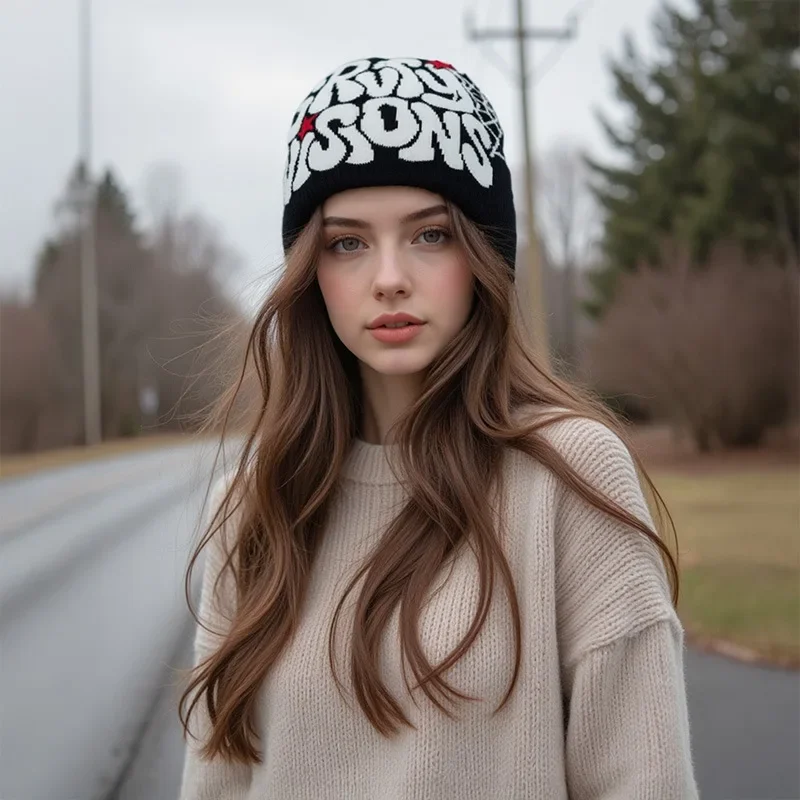 Knit Beanie Hat Y2K Grvy Visions Jacquard Street Style Winter Skull Cap Warm Stretchy Graphic Print Beanie Hat for Men Women