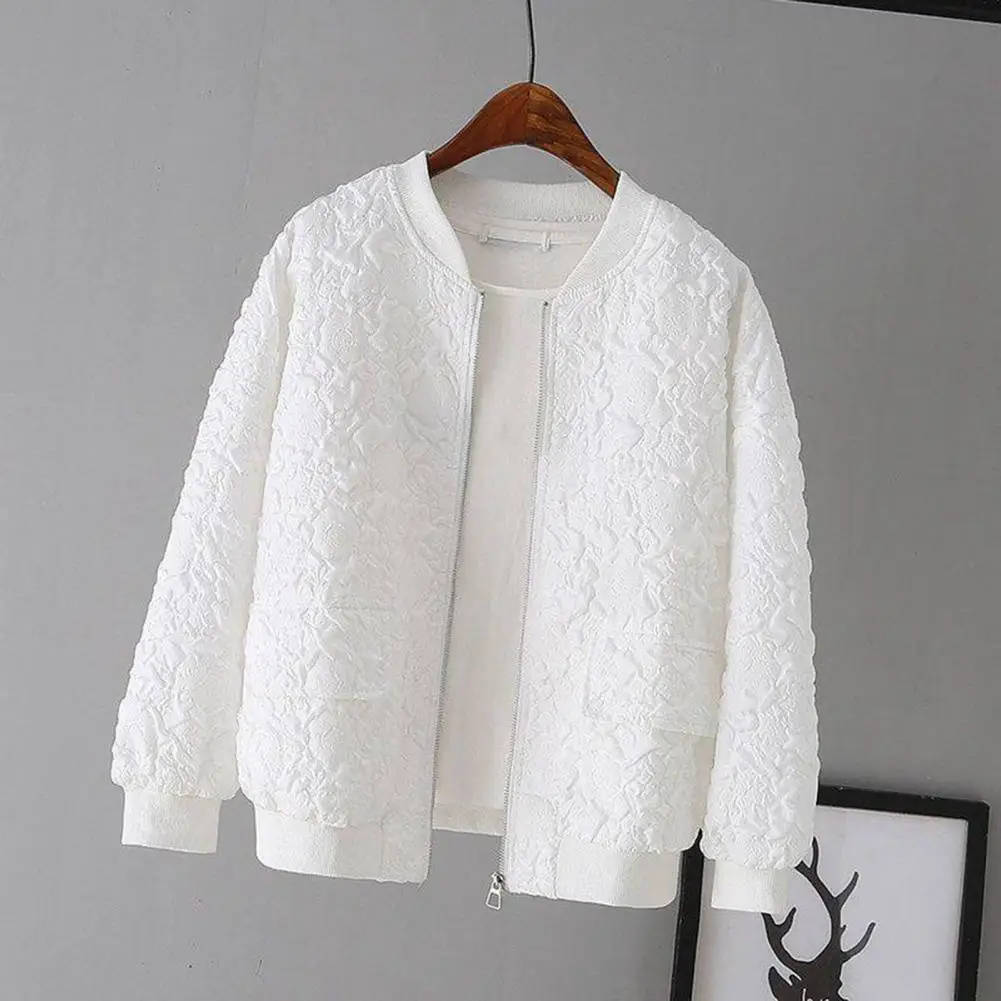 

Ladies Baseball Jacket Elegant Jacquard Design Ladies Short Baseball Jacket Spring Top With Zipper Female Cardigan Solid Color