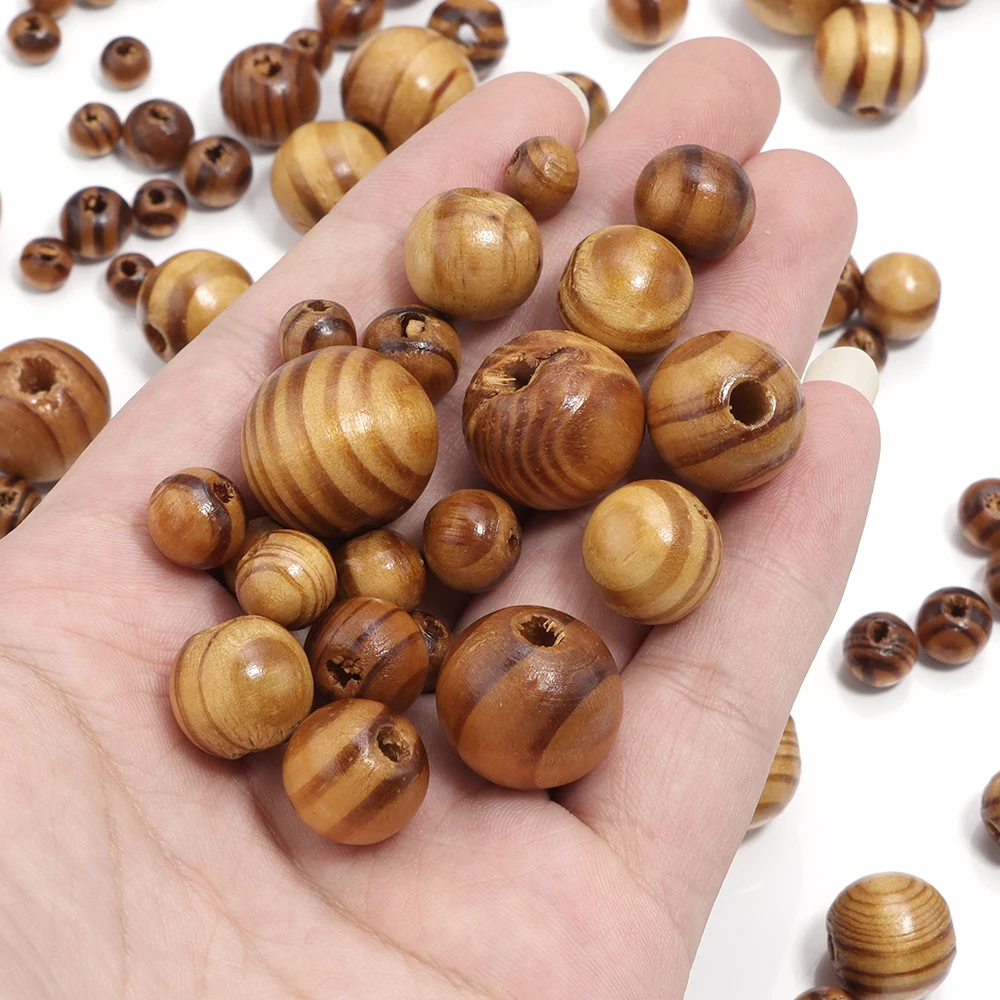 20-300pcs/Lot Natural Pine Wood Beads Round Stripe Spacer Ball Bead for DIY Bracelet Necklace Jewelry Making Accessories