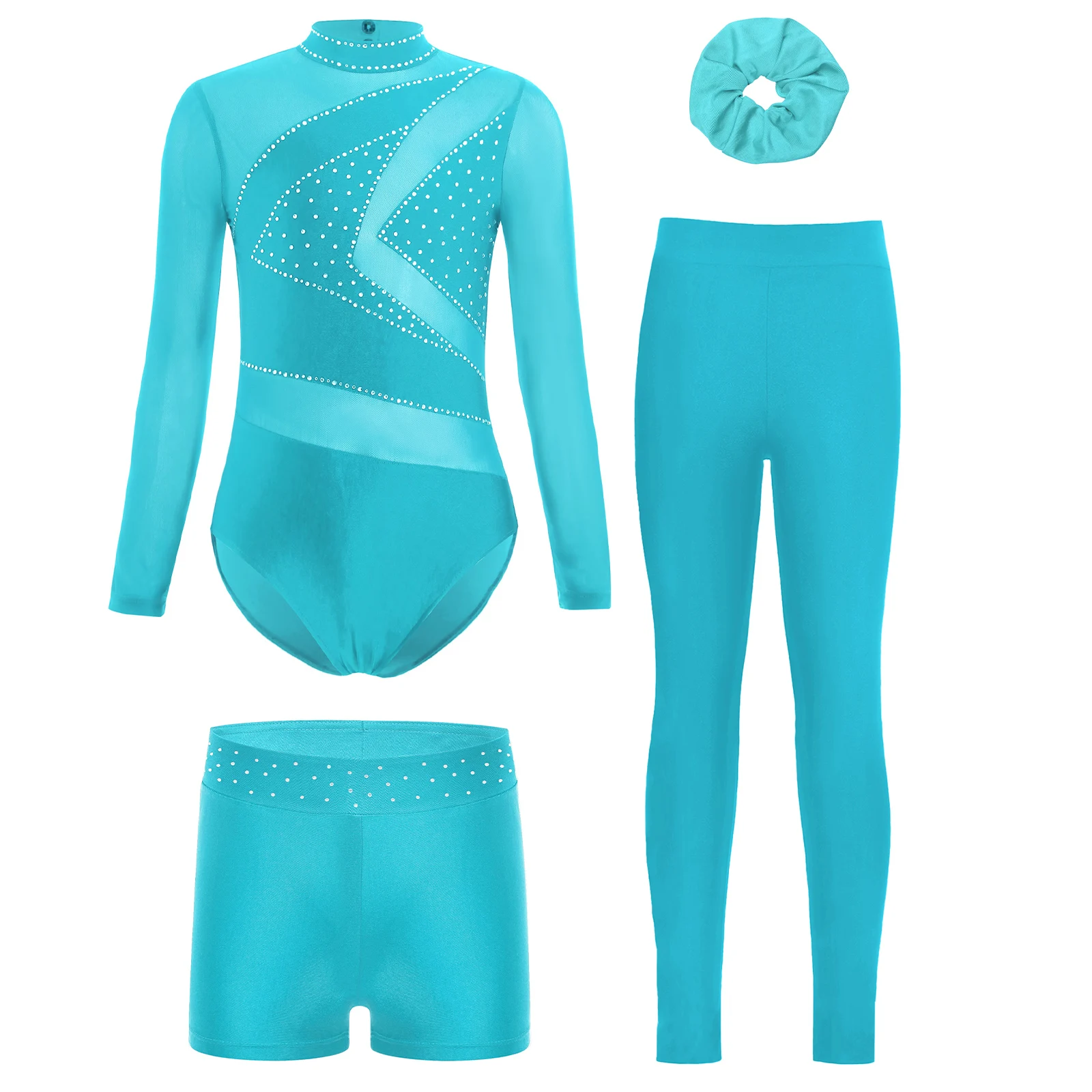 Traje de baile de Ballet lírico para niñas, leotardo gimnástico de manga larga de malla transparente con diamantes de imitación brillantes, pantalones cortos, mallas y diadema