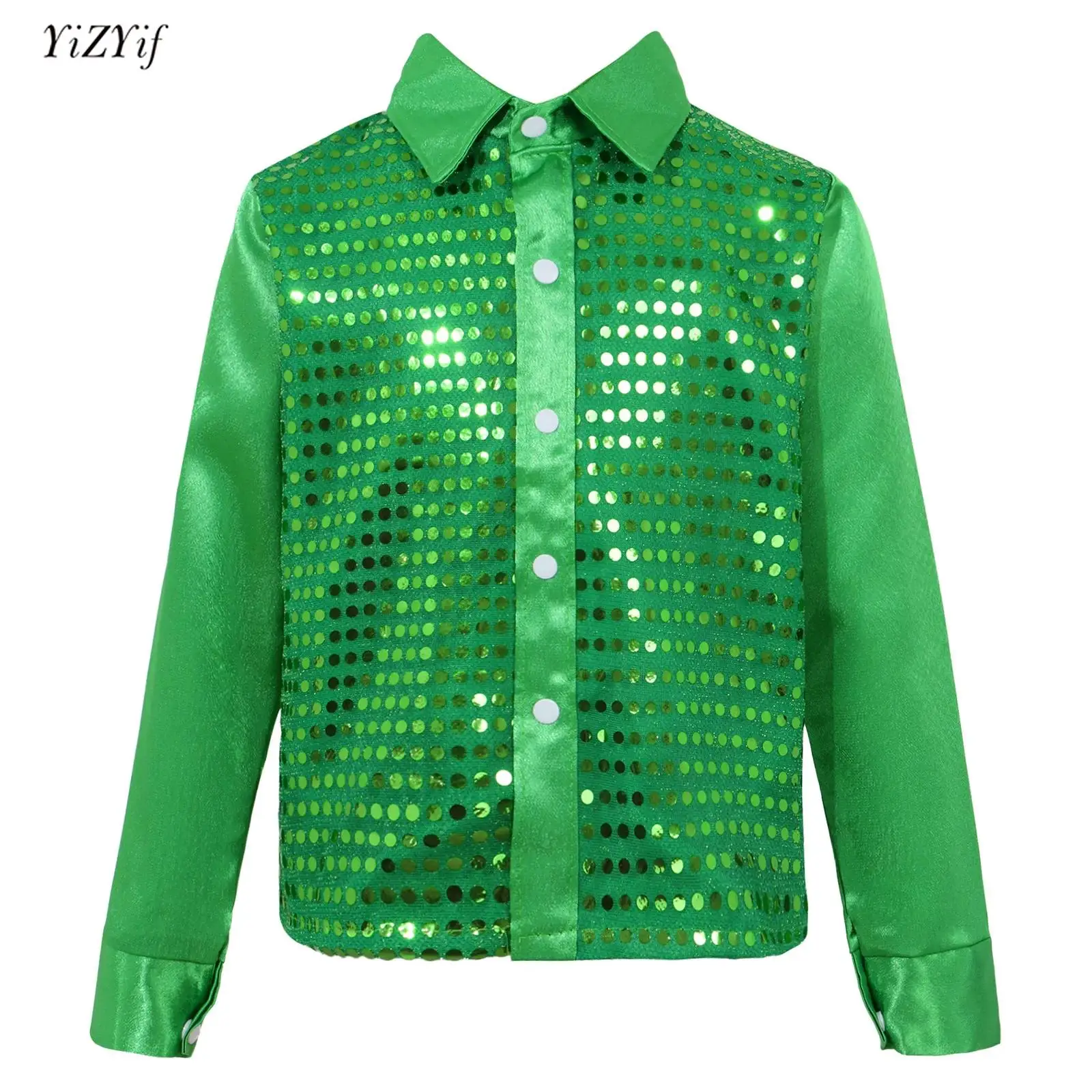 

Kids Boys Jazz Dancing Shirts Shiny Sequins Long Sleeve Spread Collar T-Shirt for Choir Jazz Street Dancewear Stage Performance