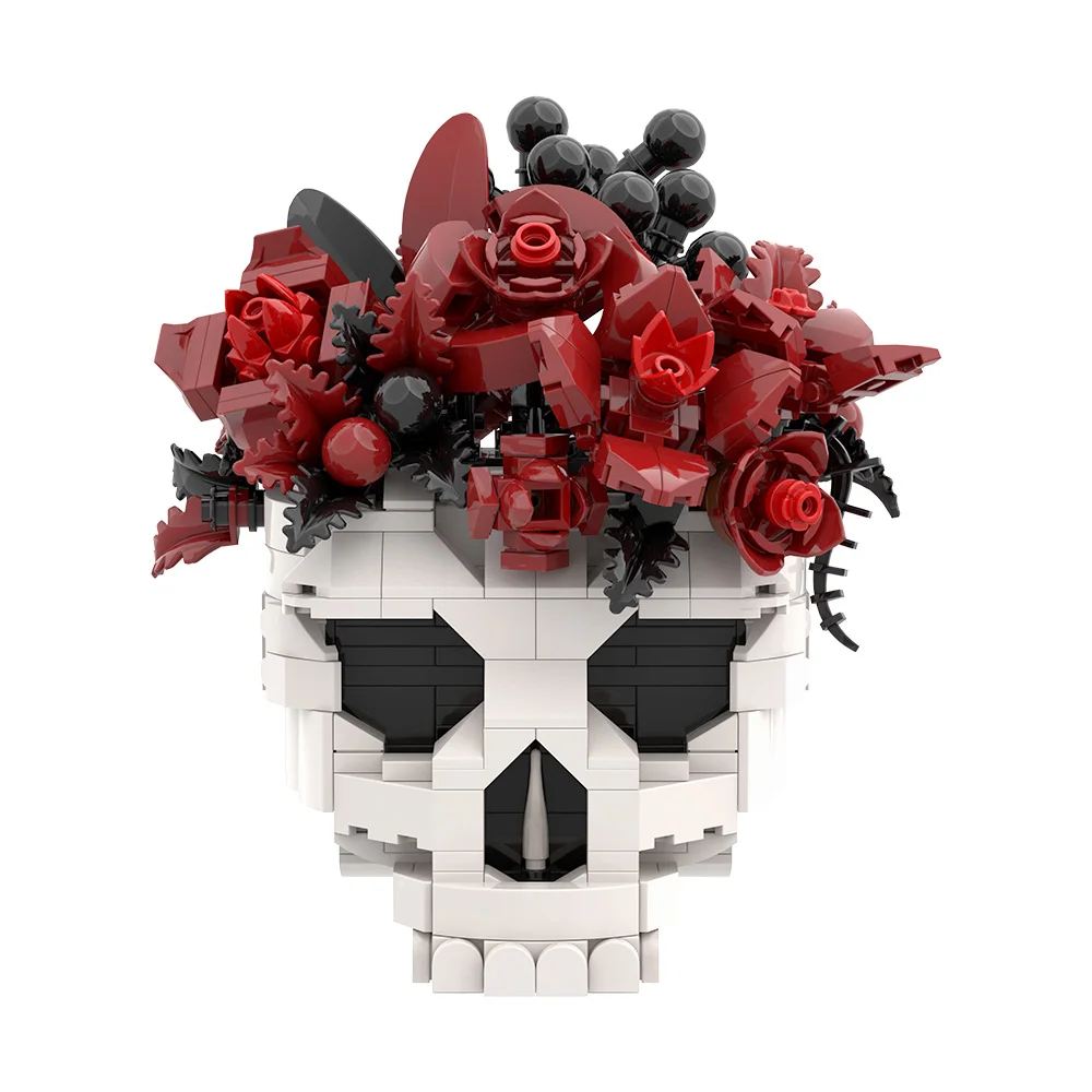 MOC Skull Roses Bouquet Bricks Model Gothic Crow Skull Flowers Plant Pot Decorate Building Blocks Assembly Toys Kids DIY Gifts
