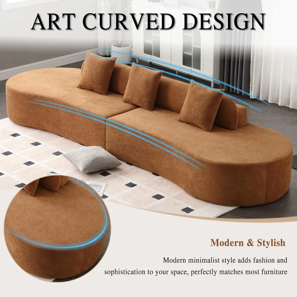 أريكة حديثة مقطعية بأربعة مقاعد مع 3 وسائد، أريكة وحدات مريحة على طراز السحابة، تصميم بسيط من قماش تيريكل منحني للاسترخاء #3