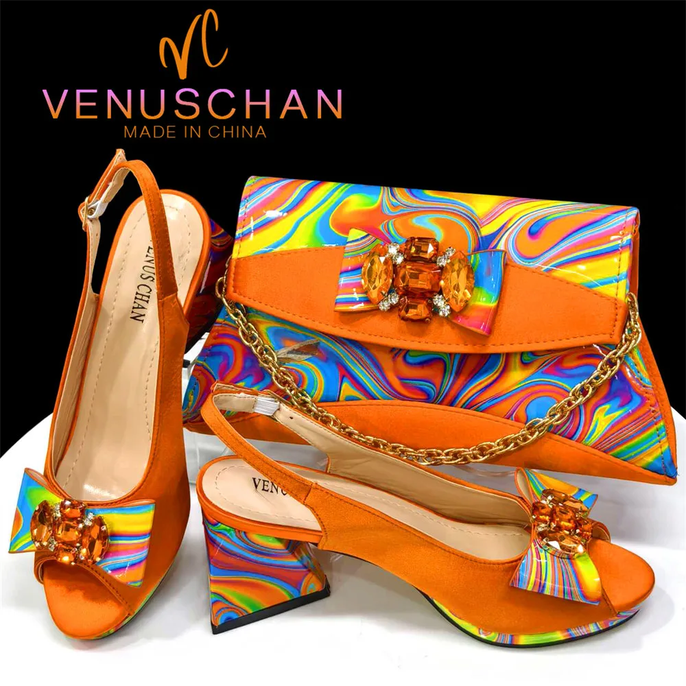 

Venus Chan Summer Style Elegant Woman High Heels Peep Toe Rhinestone Graffiti Shoes Shoe and Bag Set for Party in Women Nigerian