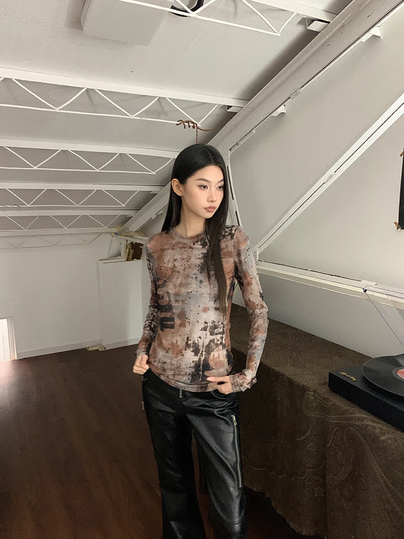 CHEERART Decadence Autumn 2024 Long Sleeve Tees Brown Mesh Top Fashion T Shirt Women Fall Clothes