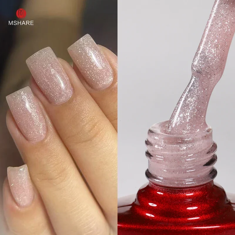 

MSHARE Shimmer Rubber Base Gel Sparkling Nails Gel Polish Camouflage Self Level Nail Base Coat Pink Soak Off UV Varnish 10ml