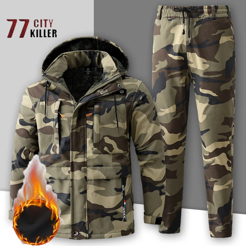 Waterproof Fleece Thickened Camouflage Men\'s Set Multiple Pockets Wear-resistant Jacket Men\'s Outdoor Sports Skiing 2-piece Suit