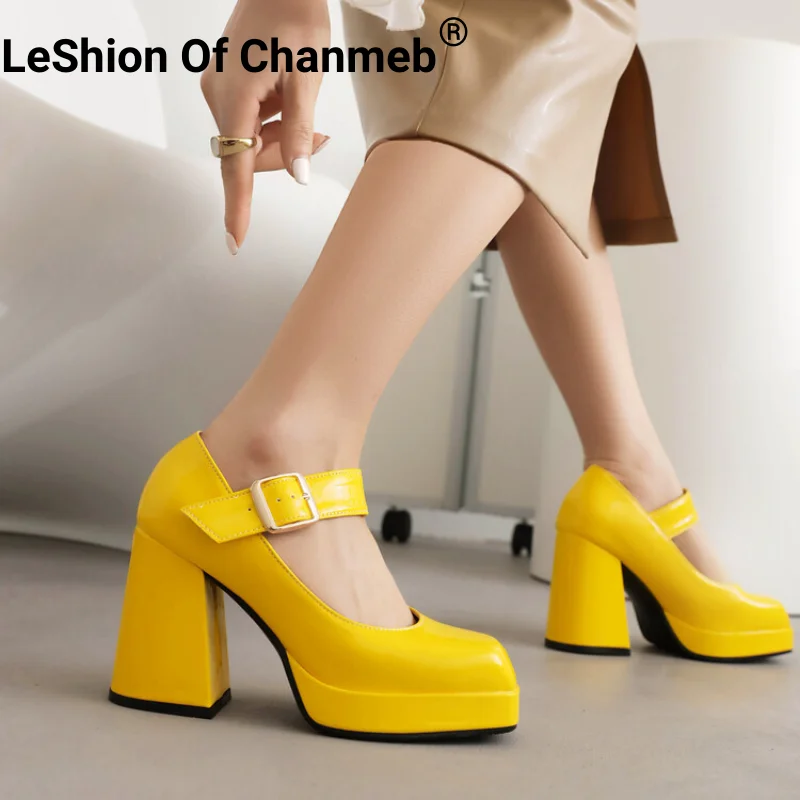 Bright Yellow Patent Leather Pumps for Women Small Size 32 33 Big Buckle Mary Jane Shoe Red Nude High Heeled Square Toe Footwear