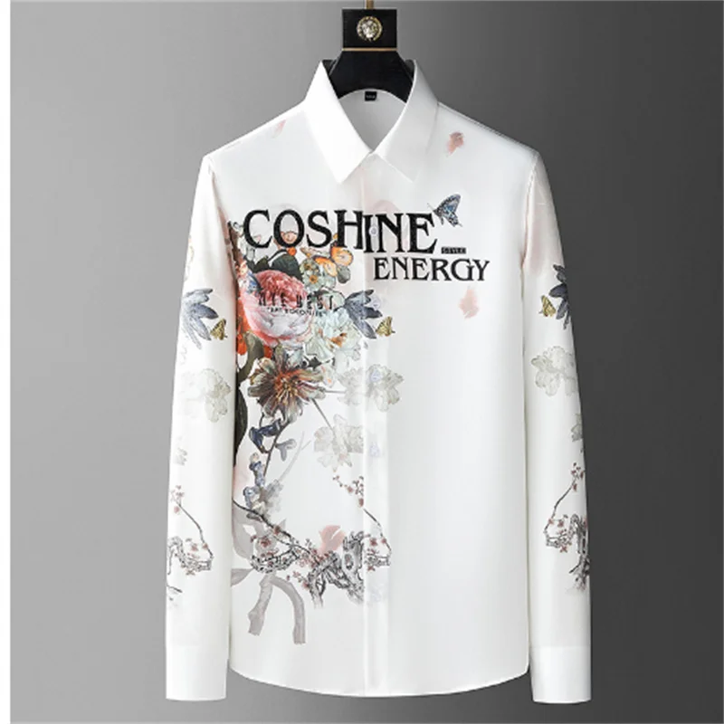 Men's custom printed long sleeved shirt, wrinkle resistant, European and American casual fashion, spring 2024