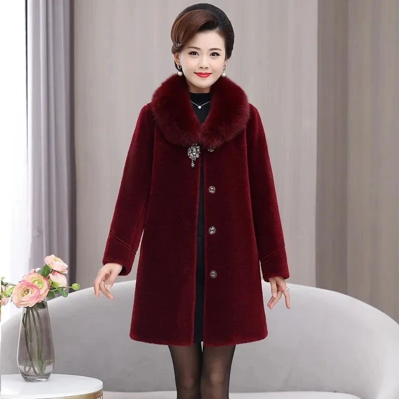 Women Winter Fur Coat New Middle-aged Mother Long Thicken Warm Faux Fur Outerwear High End Female Fox Fur Collar Jacket 5XL