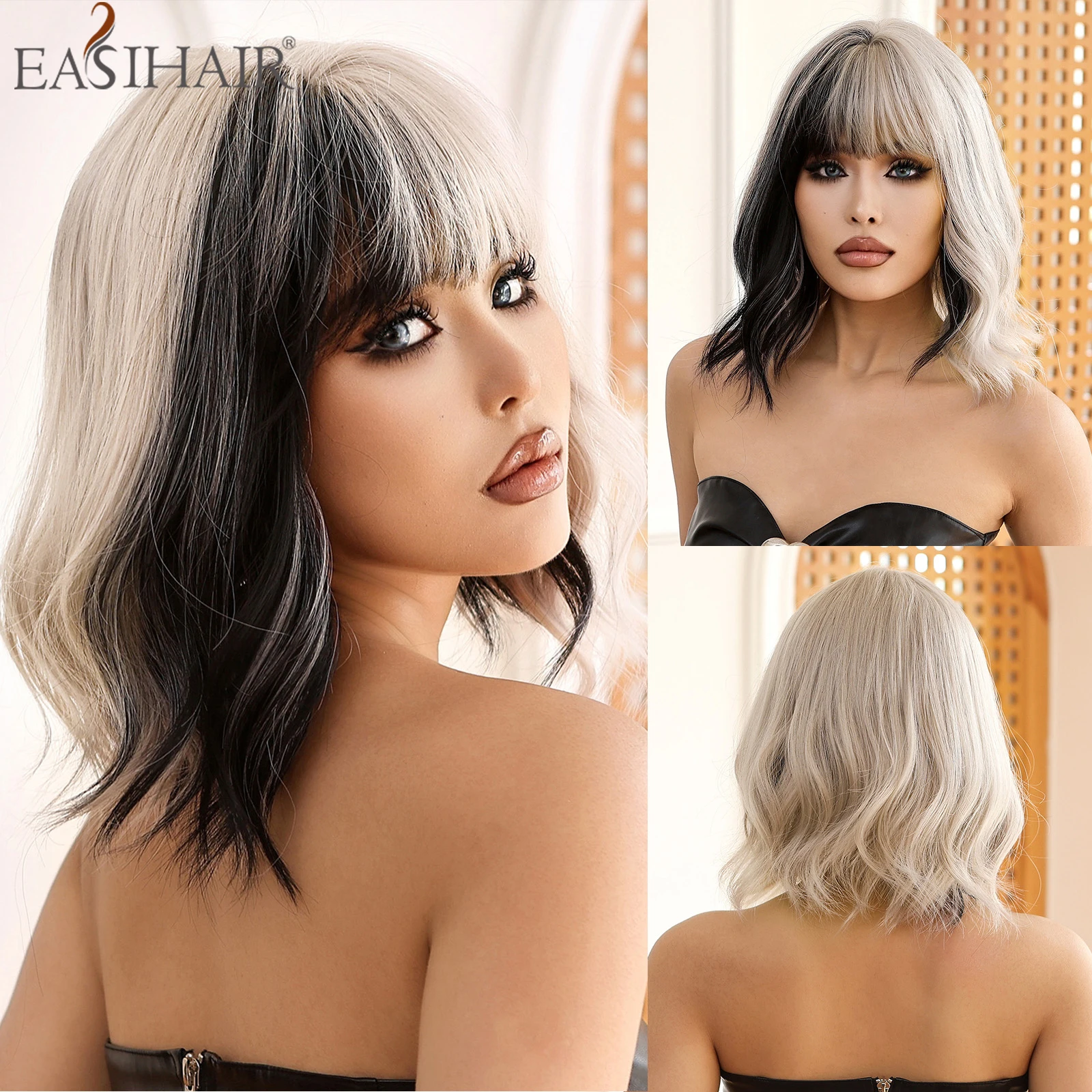 EASIHAIR Short Wavy Synthetic Wigs for Women Platinum and Black Two Tone Bangs Wig Party Cosplay Natural Hair Wig Heat Resistant