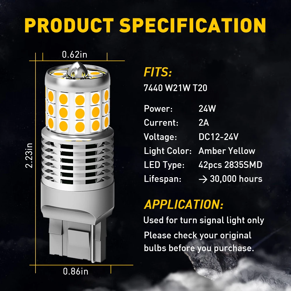 2/4Pcs AUXITO LED 7440 W21W WY21W BAU15S PY21W BA15S P21W Canbus Turn Signal Lamp Amber No Hyperflash Indicator Light Bulb 12V