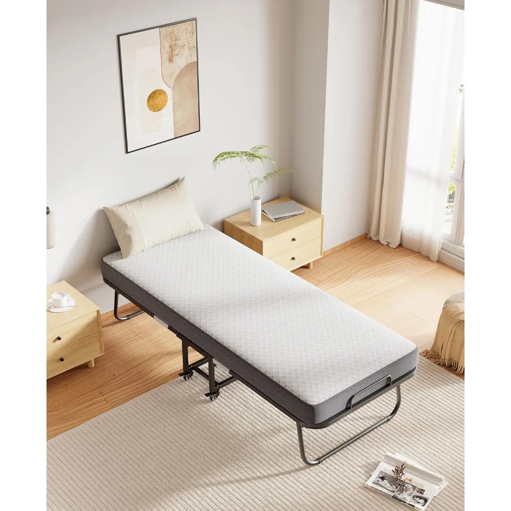 Przenośne składane łóżko pojedyncze z materacem z pianki memory dla dorosłych - oszczędzające miejsce łóżko dla gości, łóżko na kółkach