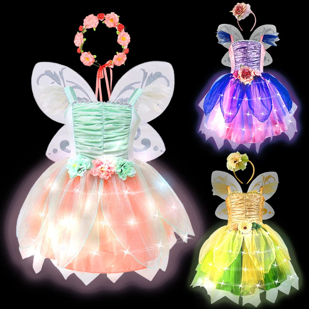 Vestido de fiesta de noche con luz LED para niñas, fantasía, Hada, mariposa, flor, tutú esponjoso, Halloween, Carnaval, disfraz de campana de Tinker