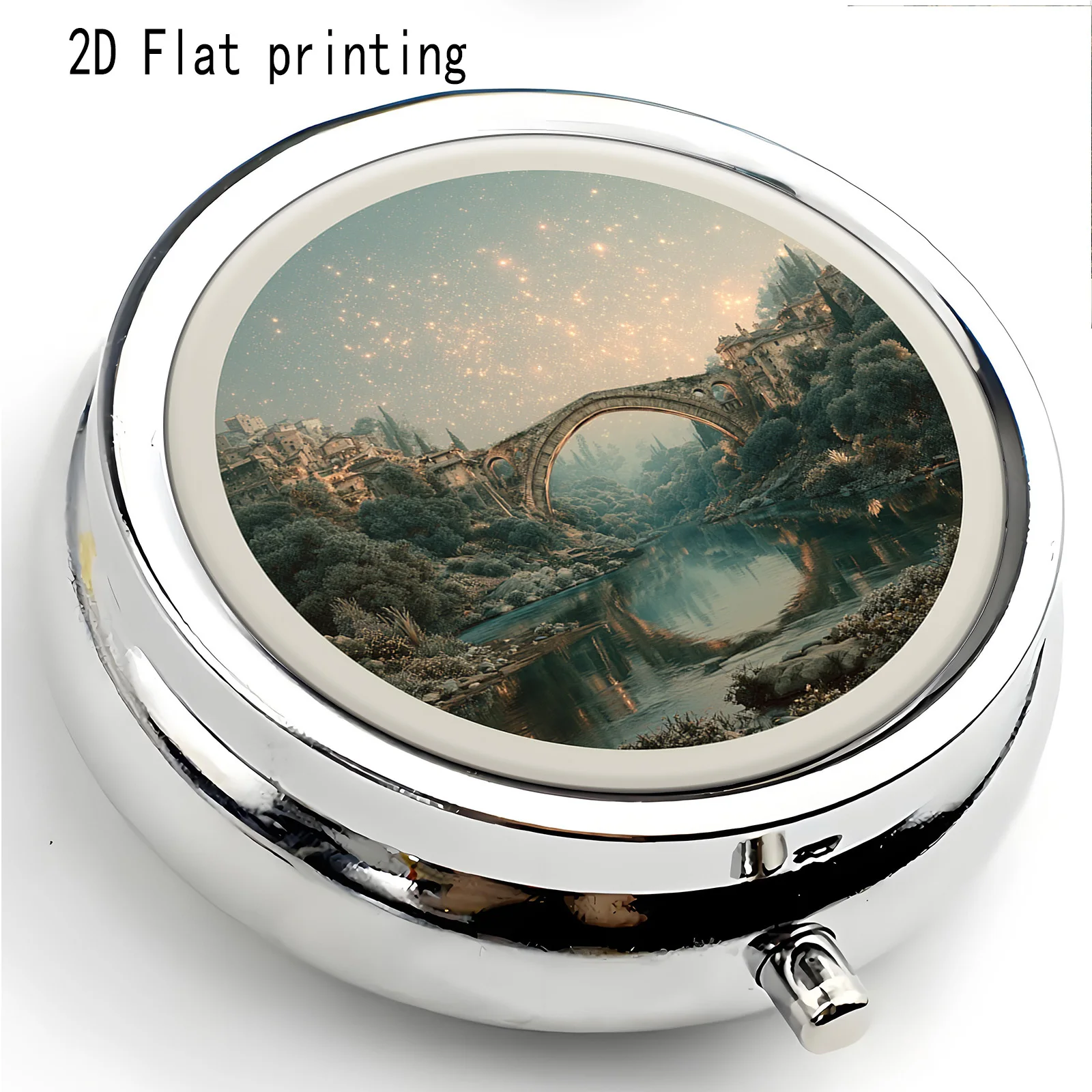1 Flat-Printed Round Metal Pill Box, Portable Travel Medicine Organizer with Compartments, Suitable for Storing Daily Vitamins, Compact Gift, Ideal for Women's Birthdays and Holidays