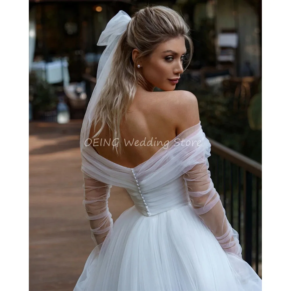 Elegant Wedding Dress with Jacket Off Shoulder Long Sleeves Beach  Gowns A Line Backless Tulle White Bridal Dresses 