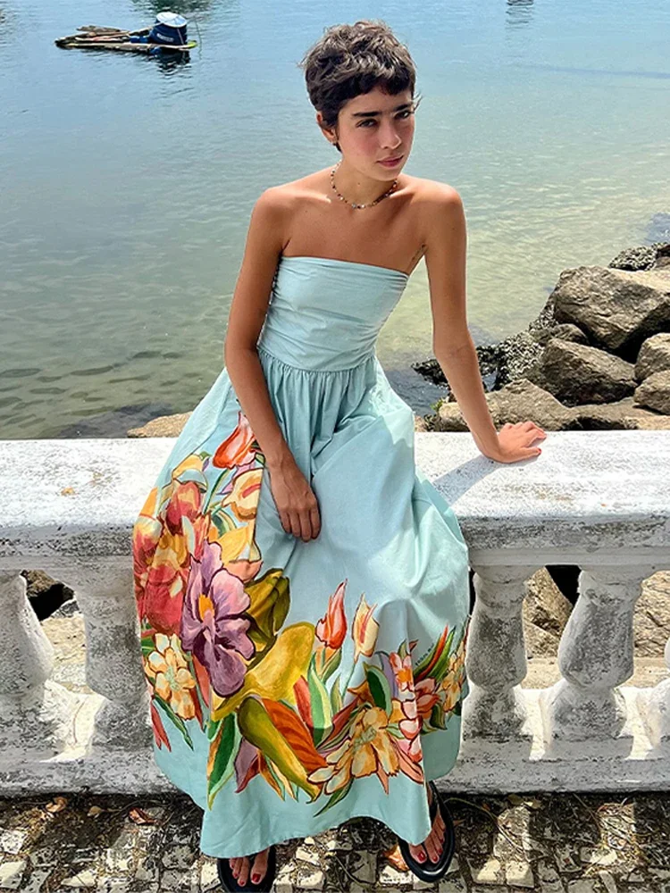 Sukienka damska bez ramiączek, drukowana, plisowana, puszysta, z szerokim dołem, podkreślona w talii, wyszczuplająca, długa sukienka plażowa, jedwabna satyna, szaty.