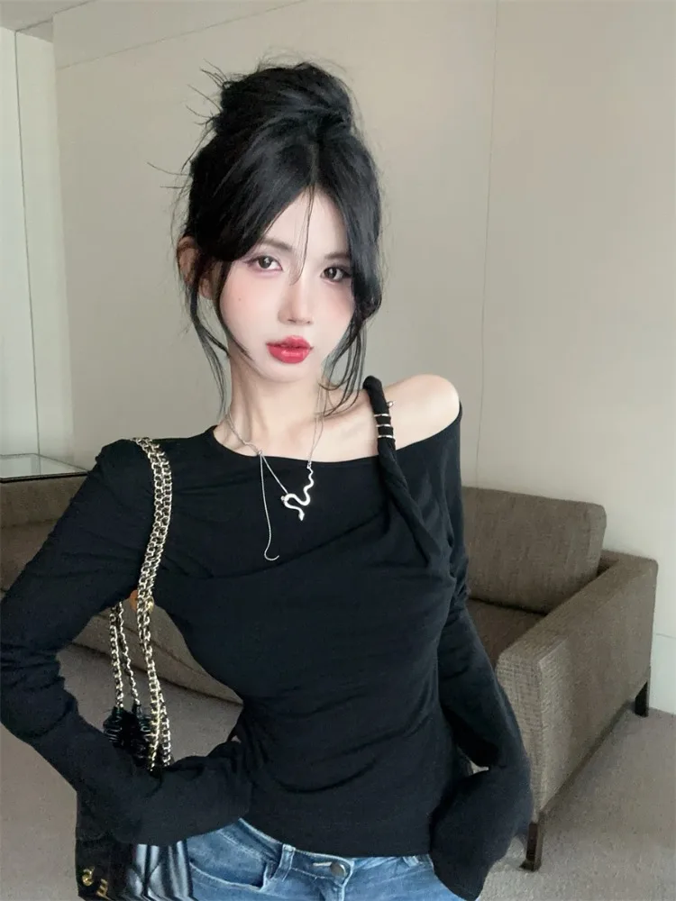 

Slim Fit Metal Decorated Shoulder Bared T Shirt Women's Style Double Layer Design Pure Color Top for Autumn Season
