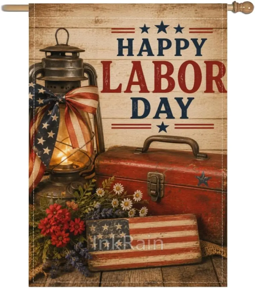 InkRain Labor Day Garden Flag 28x40 Inch Lantern Toolbox Floral Arrangement Vintage Farmhouse Yard Decor kkz