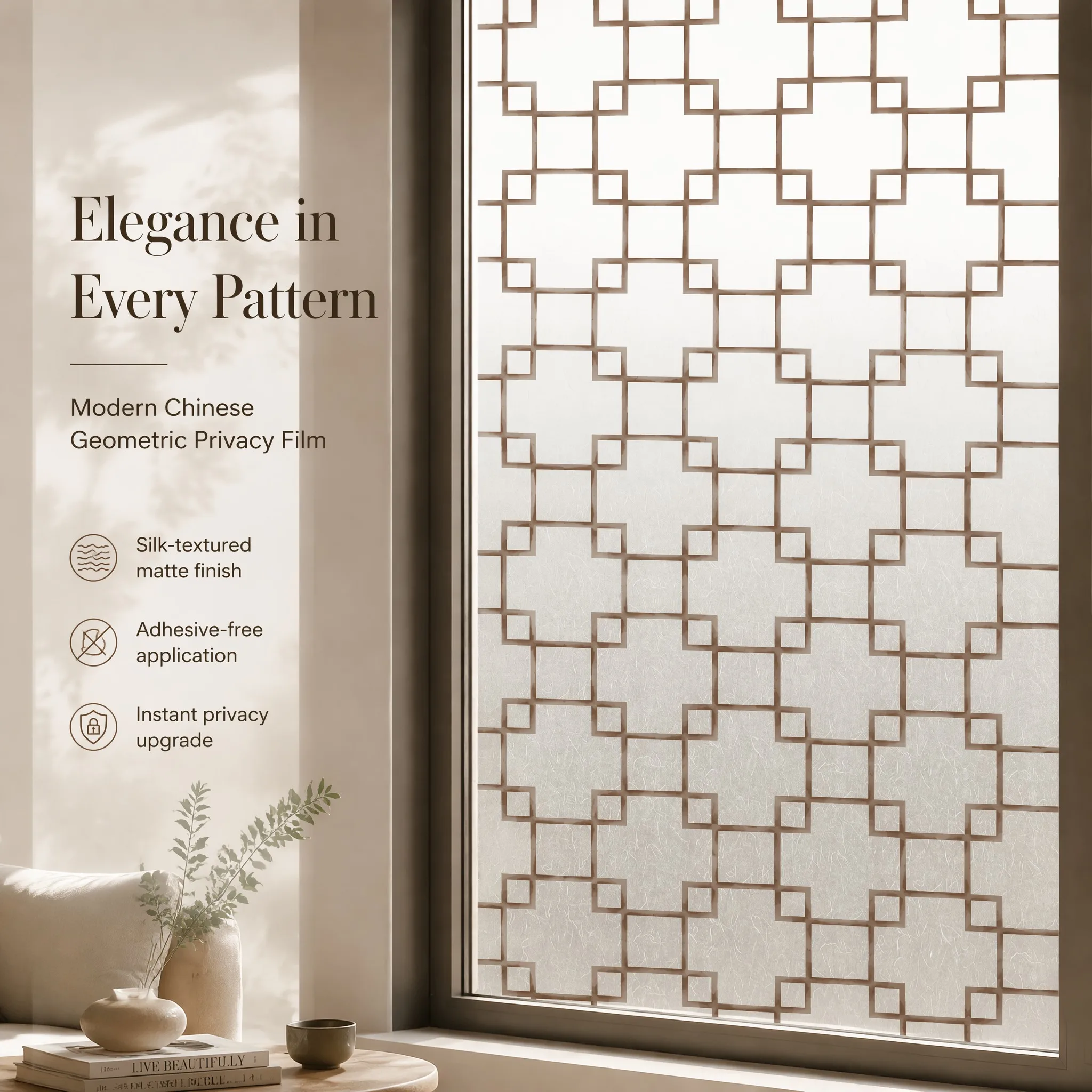 Self-Adhesive Modern Chinese Lattice Geometric Frosted Window Film, Waterproof UV Block Removable No Residue Silk Textured
