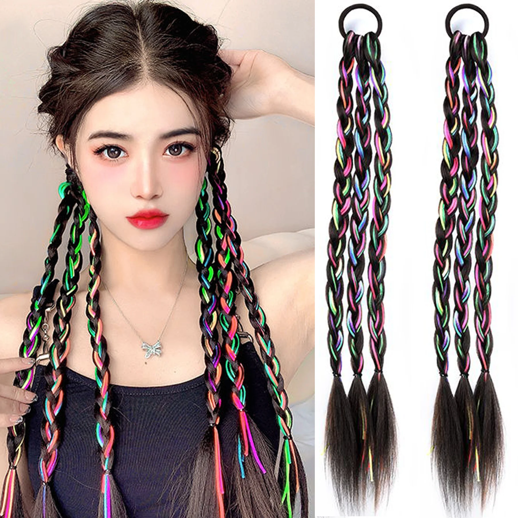 XIYUE Synthetic Long Box Straight Braided Hair Extension Ponytail Elastic Rubber Band Clip-in Black Hairpiece for Women Daily