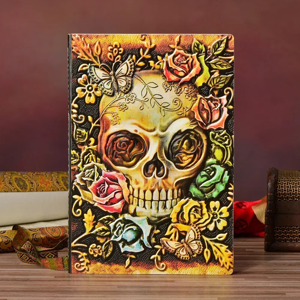 Skull Women Gifts Embossed Men Antique Book Supplies Travel Leather Spell Notebook Notes Diary Halloween School