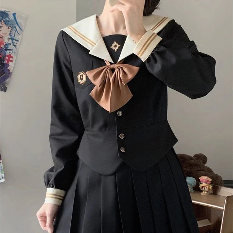 Abito da marinaio a maniche lunghe uniforme JK nero Abito da marinaio a maniche corte per scuola di base in stile college giapponese Abiti da studente per giochi di ruolo carini