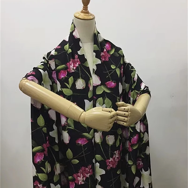 Rose Lover Black Bottom Thin Silk Crepe De Chine Summer Dress Shirt Beautiful Luxury Pure Silk Fabric Designer Satin Patchwork